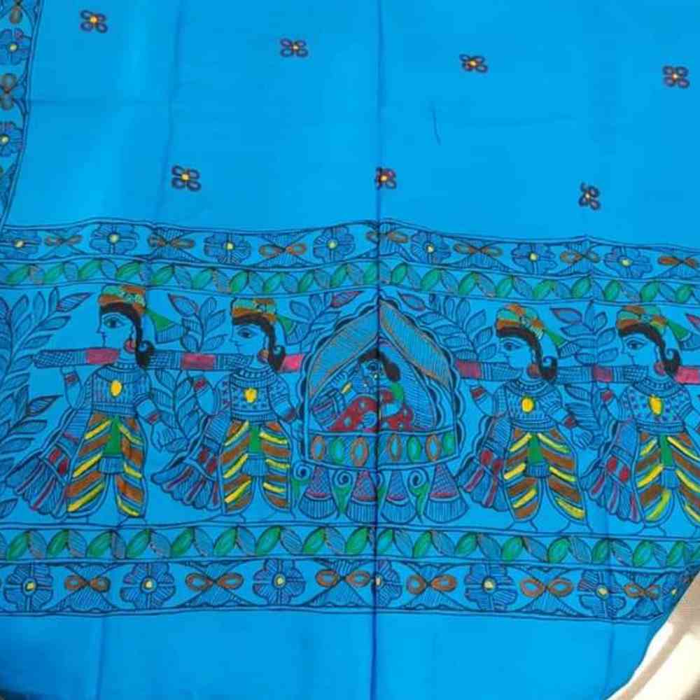 Tussar Saree with Madhubani Bride, Doli, and Kaahar Painting